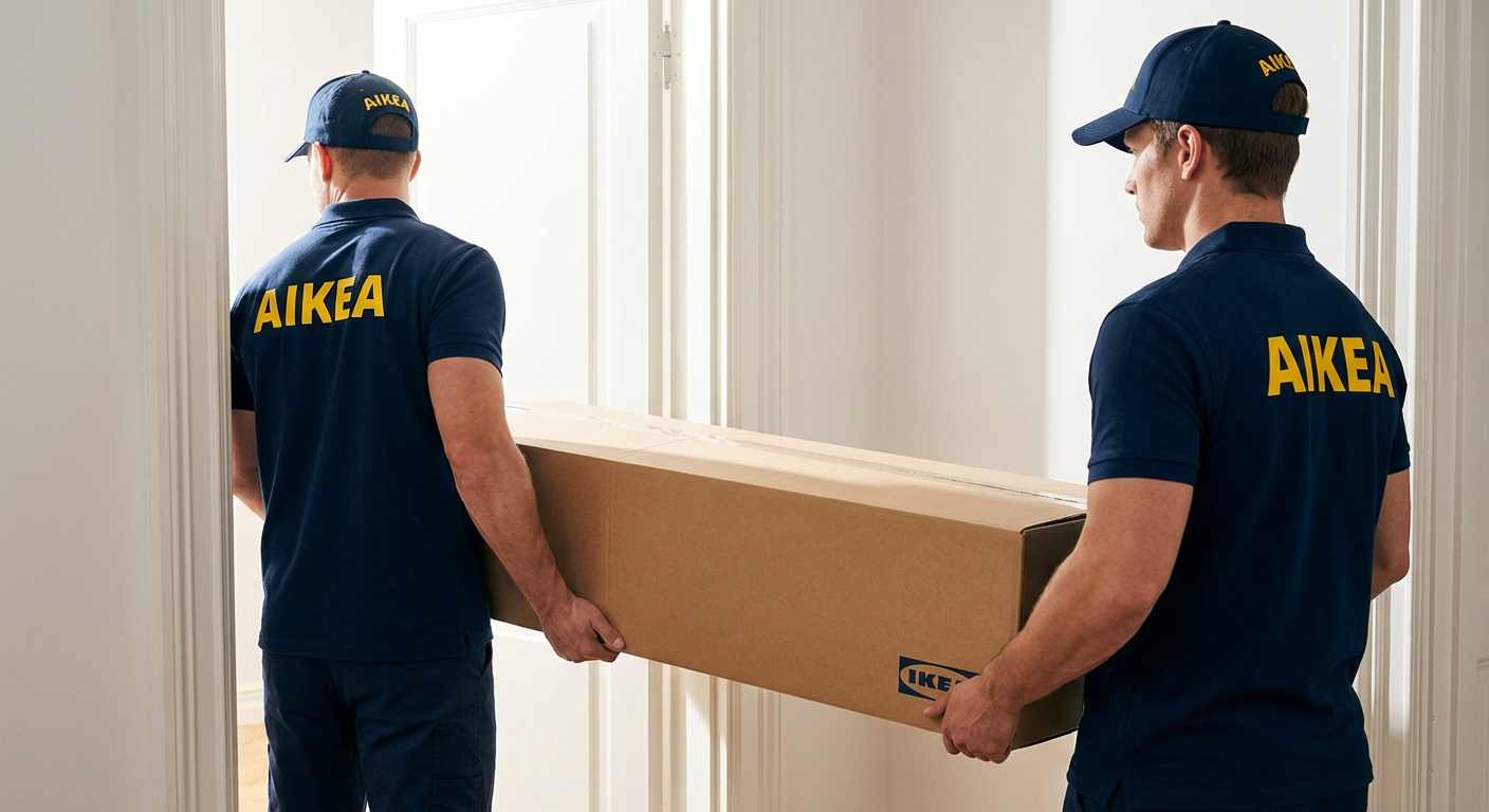 Два грузчика в форме AIKEA аккуратно заносят упакованную мебель в квартиру