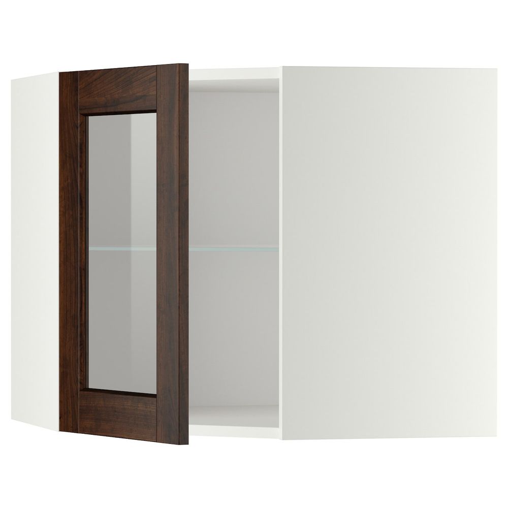 Угловой навесной шкаф с полками, стекляными дв, белый/Эдсерум коричневый 68x60 см IKEA METOD МЕТОД 092.267.40 - фото 1