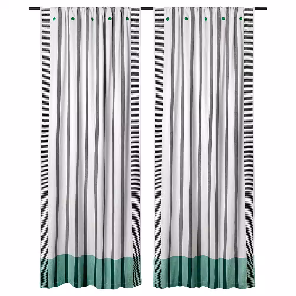 MÄVINN МЭВИНН Гардины, 2 шт. - черный/белый/полоска зеленый 110x300 см - фото 1