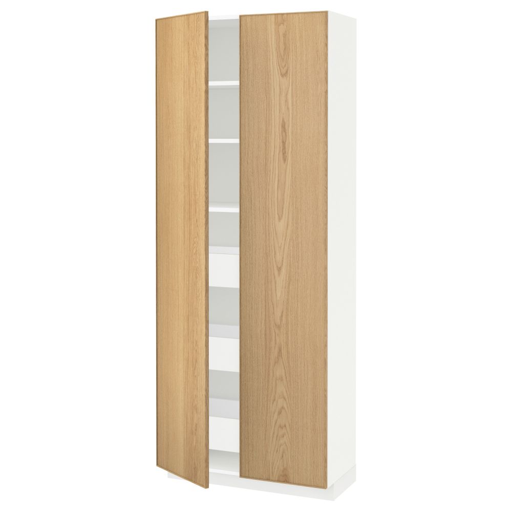 Высокий шкаф с ящиками, 2 дверцы МЕТОД / МАКСИМЕРА, белый, Экестад дуб (80x37x200 см) - схема-чертеж с размерами