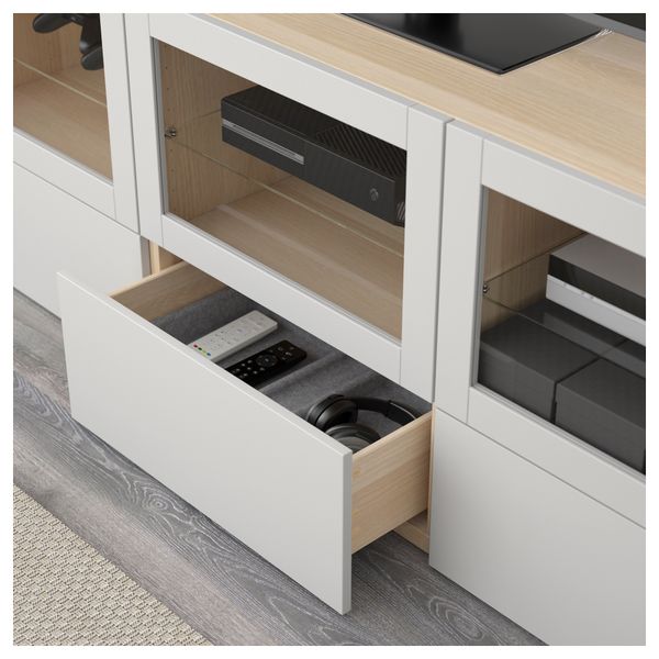 Тумба под ТВ, с дверцами и ящиками БЕСТО, под беленый дуб Синдвик, Лаппвикен светло-серый прозрачное стекло (180x40x64 см) - фото 3