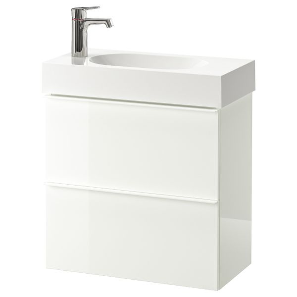 Шкаф для раковины с 2 ящ, глянцевый белый, БРОГРУНД смеситель, 62x33x68 см IKEA ГОДМОРГОН / БРОВИКЕН 892.923.16 - фото 1