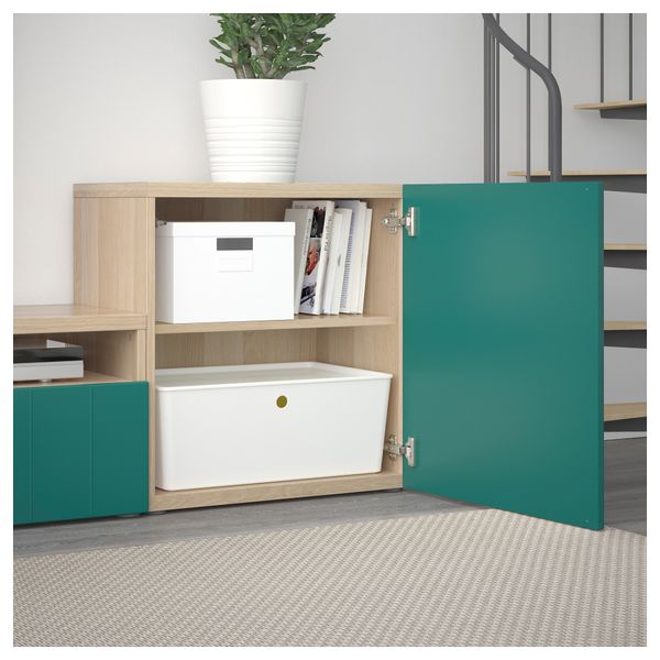 Шкаф для ТВ, комбинированный, стекляные дверцы БЕСТО, под беленый дуб Халлставик, сине-зеленый прозрачное стекло (300x20/40x211 - фото 3