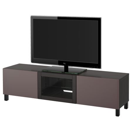 Тумба под ТВ с ящиками и дверцей БЕСТО, черно-коричневый, Вальвикен темно-коричневый, прозрачное стекло (180x40x48 см)