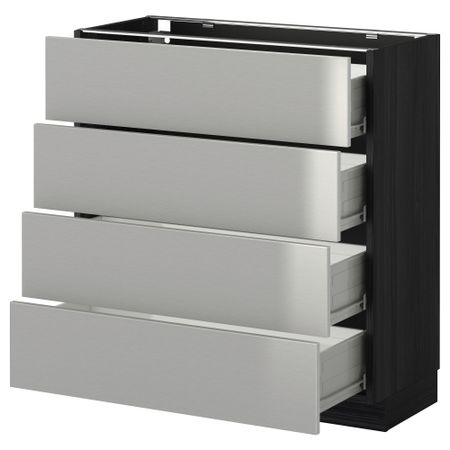 Напольный шкаф 4 фронтальных панели, 4 ящика МЕТОД / ФОРВАРА, черный, Гревста нержавеющ сталь