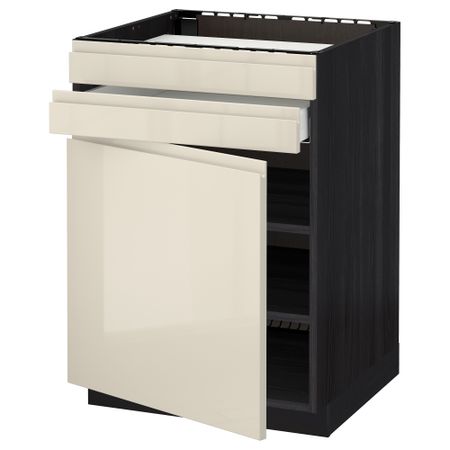 Напольный шкаф для варочной панели, доводчик, 2 фасада, 1 ящик МЕТОД / МАКСИМЕРА, черный, Воксторп глянцевый светло-бежевый