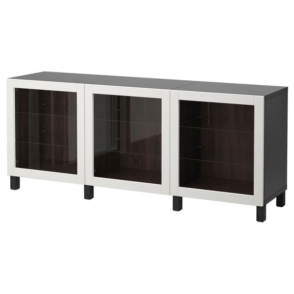 Комбинация для хранения с дверцами БЕСТО, черно-коричневый, Синдвик светло-серый прозрачное стекло (180x40x74 см) - фото 1