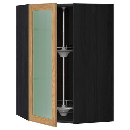 Угловой навесной шкаф с вращающающейся секцией, стеклянными дверцами МЕТОД, черный, Экестад дуб