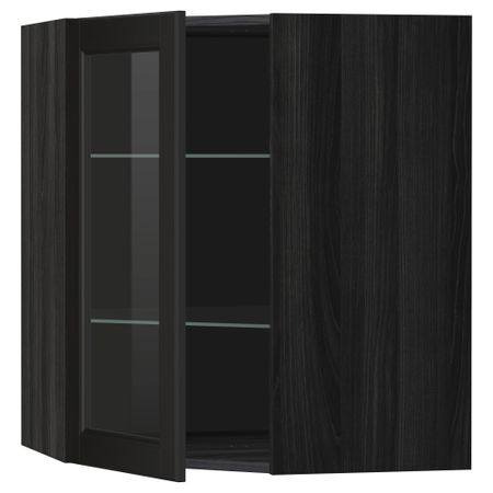 Угловой навесной шкаф с полками, стекляными дверцами МЕТОД, черный, Лаксарби черно-коричневый