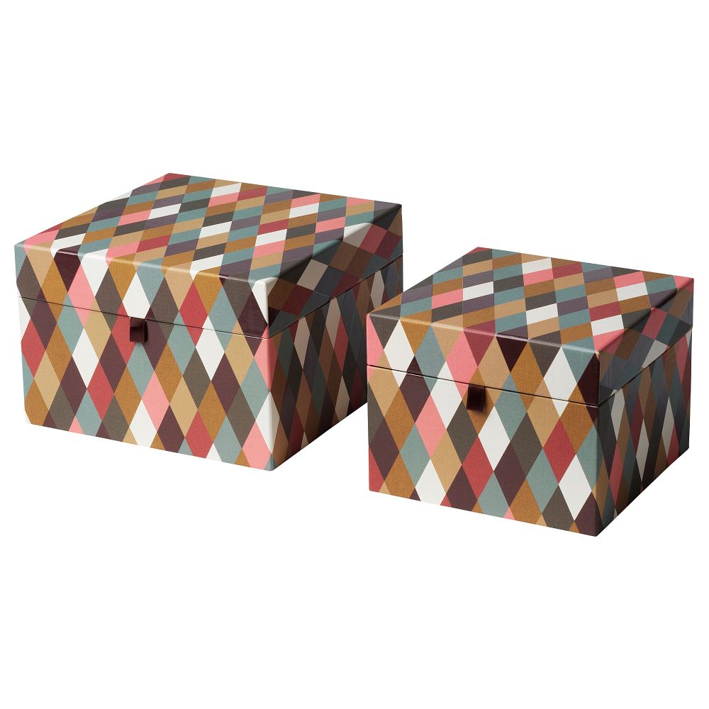 Коробка с крышкой, 2 шт., ромбовидный орнамент разноцветный IKEA DEKORERA ДЕКОРЕРА 204.723.34 - фото 1