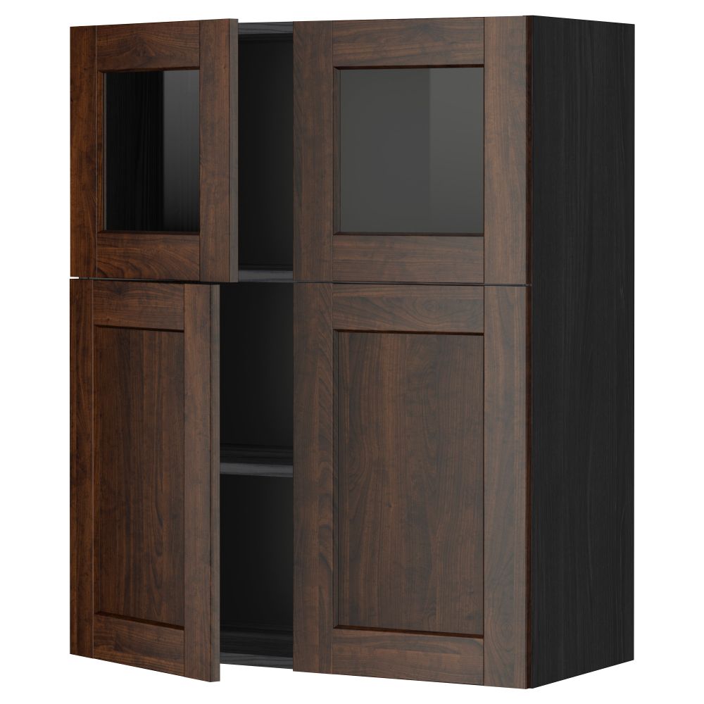 Навесной шкаф, полки, 2 двери, 2 стеклянные дверцы МЕТОД, черный, Эдсерум коричневый (80x100 см) - схема-чертеж с размерами