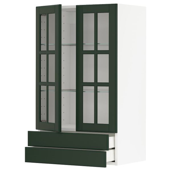 Навесной шкаф, 2 стеклянные дверцы, 2 ящика, белый/Будбин темно-зеленый 60x100 см IKEA METOD МЕТОД / MAXIMERA МАКСИМЕРА - фото 1
