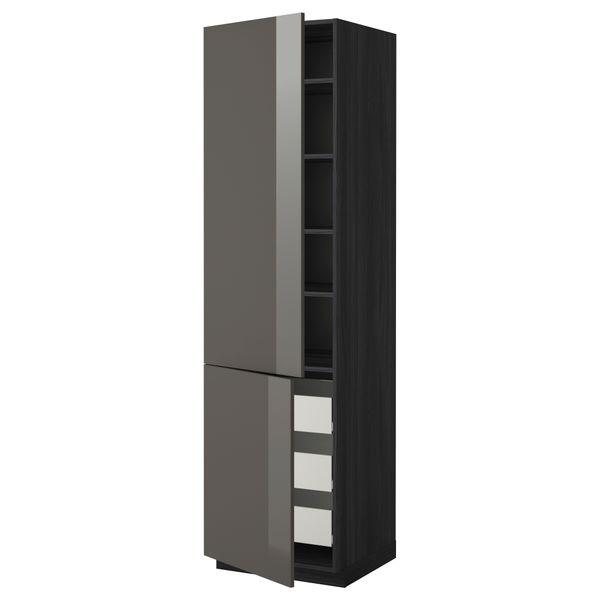 Высокий шкаф + полки, 3 ящика, 2 дверцы МЕТОД / ФОРВАРА, черный, Рингульт серый - фото 1