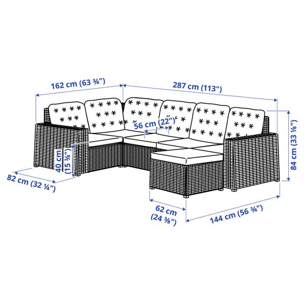 Модульный угловой 4-местный диван, садовый, с табуретом для ног коричневый/Куддарна серый IKEA SOLLERÖN СОЛЛЕРОН 193.294.98 - схема-чертеж с размерами