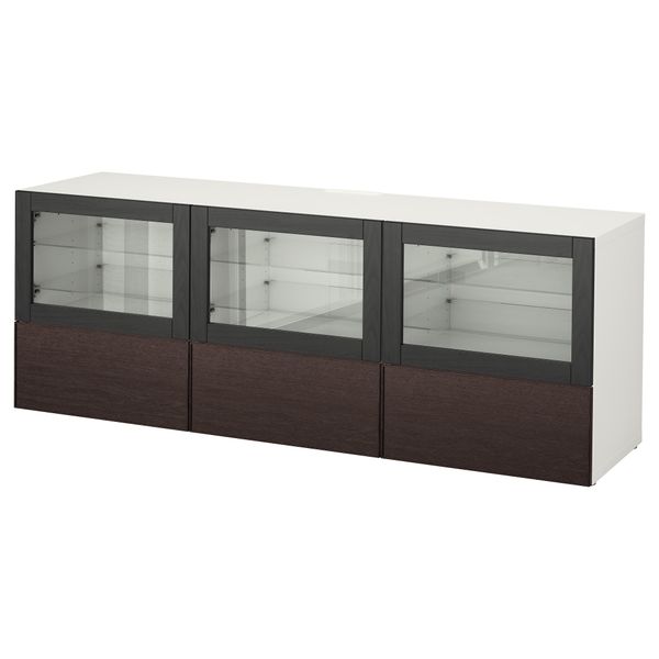 Тумба под ТВ, с дверцами и ящиками БЕСТО, белый Синдвик, Инвикен черно-коричневый прозрачное стекло (180x40x64 см) - фото 1