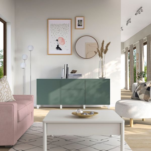 BESTÅ Комбинация для хранения с ящиками - Krukmakare темный серо-зеленый/Stubbarp белый 180x42x74 см - схема-чертеж с размерами