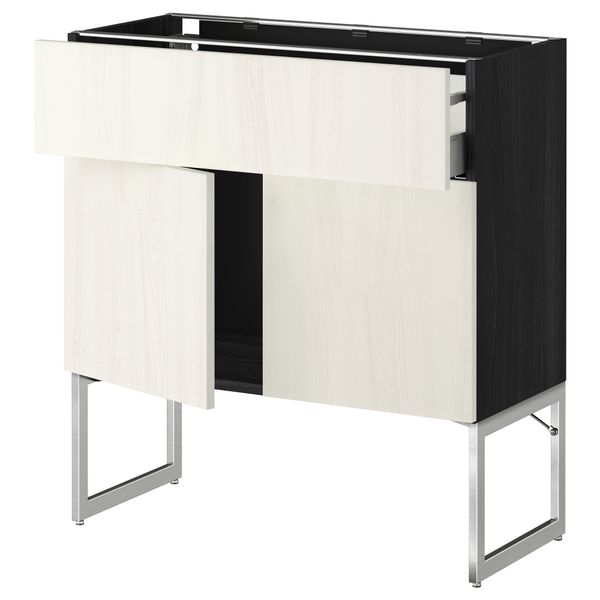 Напольный шкаф, полки, ящик, 2 двери МЕТОД / МАКСИМЕРА, черный, Росдаль белый - схема-чертеж с размерами