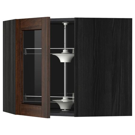 Угловой навесной шкаф с вращающейся секция, стеклянная дв, черный/Эдсерум коричневый 68x60 см IKEA МЕТОД 792.268.88