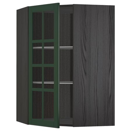 Угловой навесной шкаф с полками, стекляными дв, черный/Будбин темно-зеленый 68x100 см IKEA МЕТОД 893.132.91