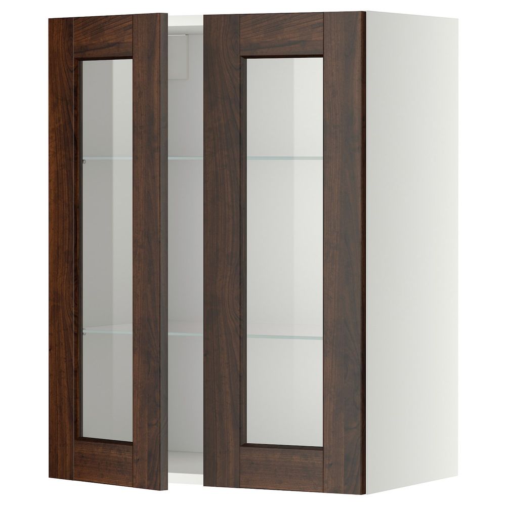 Навесной шкаф с полками, 2 стекло дв, белый/Эдсерум коричневый 60x80 см IKEA METOD МЕТОД 592.267.71 - фото 1