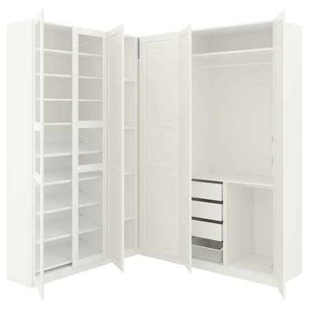 Гардероб угловой ПАКС, белый Тисседаль, Тисседаль стекло (210/188x236 см)