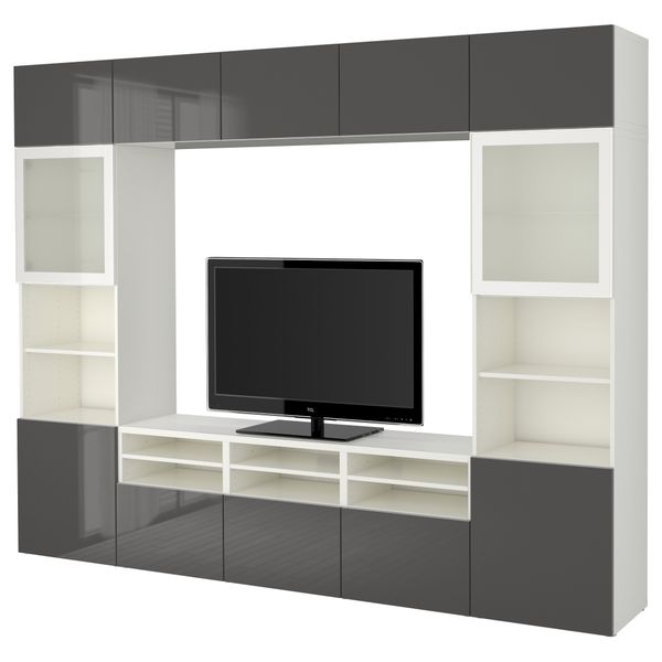Шкаф для ТВ, комбинированный, стекляные дверцы БЕСТО, белый, Сельсвикен глянцевый/серый матовое стекло (300x40x230 см) - фото 1