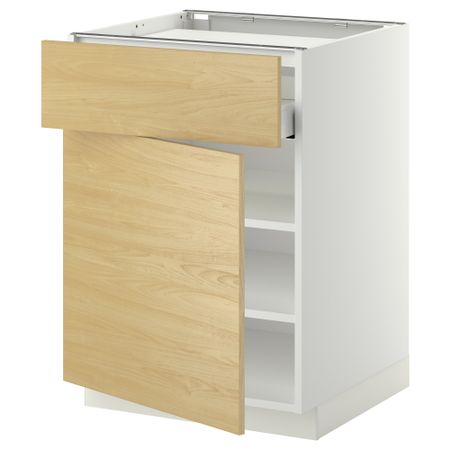 Напольный шкаф для варочной панели, ящик, полка, дверцы МЕТОД / МАКСИМЕРА, белый, Тингсрид береза (60x60 см)