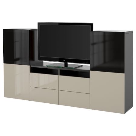 Шкаф для ТВ, комбинированный, стекляные дверцы БЕСТО, черно-коричневый, Сельсвикен глянцевый/бежевый/дымчатое стекло (240x40x128