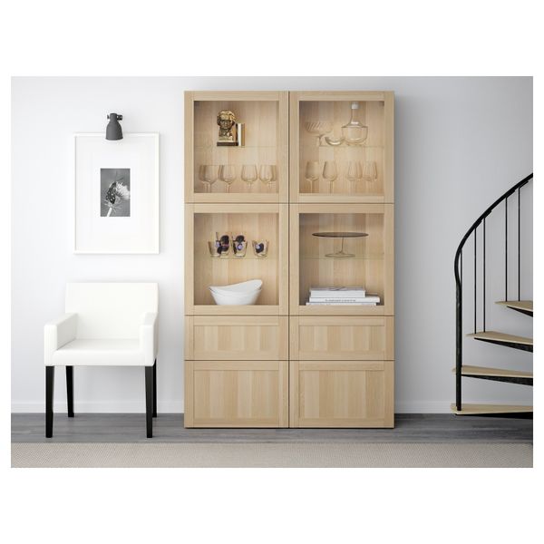 Комбинация для хранения со стеклянными дверцами БЕСТО, Ханвикен, Синдвик под беленый дуб, прозрачное стелко (120x40x192 см) - фото 2