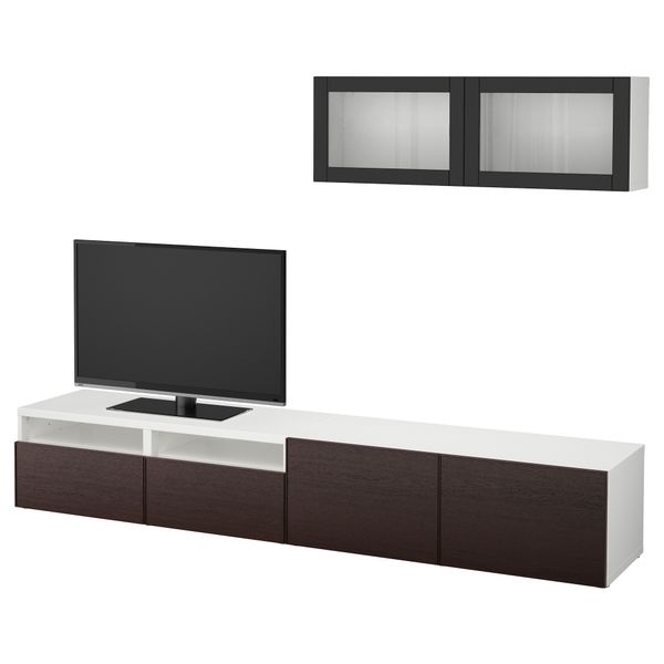 Шкаф для ТВ, комбинированный, стекляные дверцы БЕСТО, белый Синдвик, Инвикен черно-коричневый прозрачное стекло (240x20/40x166 - фото 1