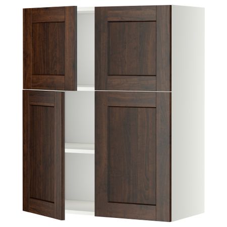 Навесной шкаф с полками, 4 дверцы МЕТОД, белый, Эдсерум коричневый (80x100 см)