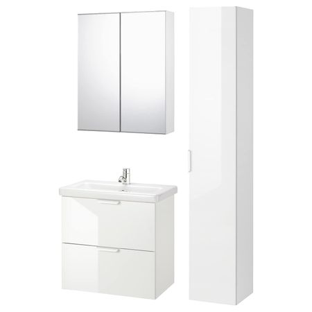 Комплект мебели для ванной,8 предм., глянцевый белый/ПИЛКОН смеситель 64x43x65 см IKEA FISKÅN ФИСКОН / TVÄLLEN ТВЭЛЛЕН
