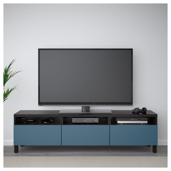 Тумба для ТВ с ящиками БЕСТО, черно-коричневый, Вальвикен темно-синий (180x40x48 см) - фото 2