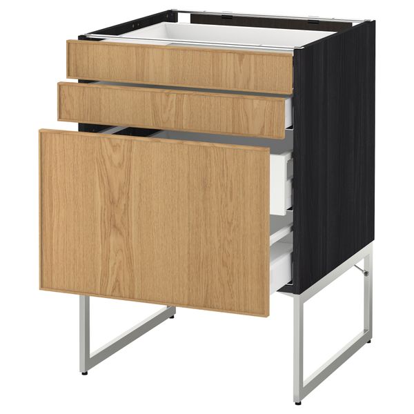 Напольный шкаф 3 фронтальных панели, 2 нижних, 2 средних ящика МЕТОД / МАКСИМЕРА, черный, Экестад дуб - схема-чертеж с размерами