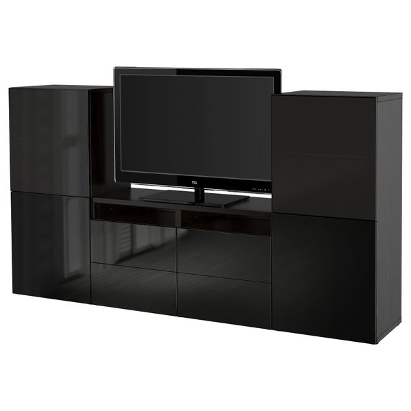 Шкаф для ТВ, комбинированный, стекляные дверцы БЕСТО, черно-коричневый, Сельсвикен глянцевый/черный дымчатое стекло (240x40x128 - фото 1