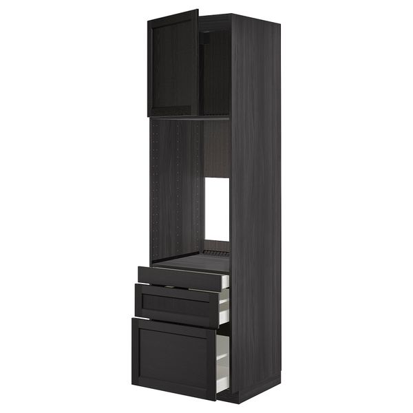 Высокий шкаф для двойной духовки, 3 ящика, дверца МЕТОД / МАКСИМЕРА, черный, Лерхюттан черная морилка - схема-чертеж с размерами