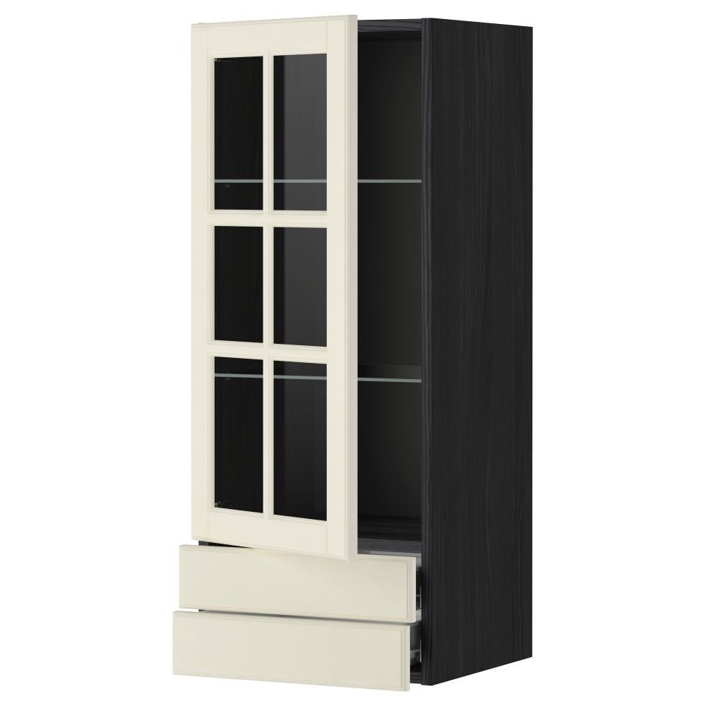 Навесной шкаф, стеклянная дверца, 2 ящика МЕТОД / ФОРВАРА, черный, Будбин белый с оттенком - фото 1