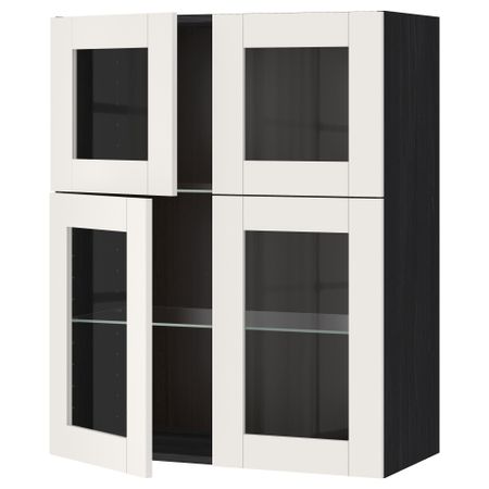 Навесной шкаф с полками, 4 стекло дверцы МЕТОД, черный, Сэведаль белый (80x100 см)