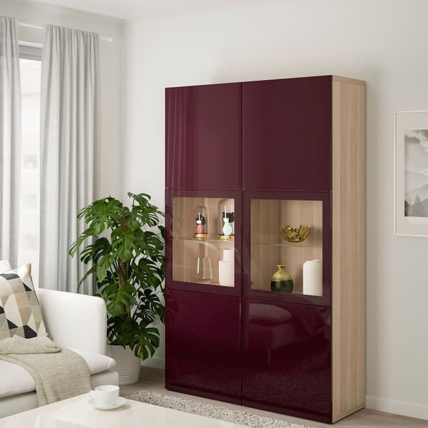 Комбинация для хранения + стеклянная дверц, под беленый дуб Сельсвикен/темный красно-коричневый прозрачное стекло 120x42x192 см - схема-чертеж с размерами