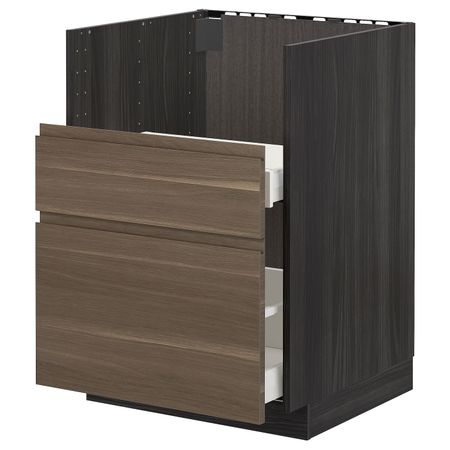 Шкаф под мойку БРЕДШЁН/2фасада/2ящика, черный/Воксторп под грецкий орех 60x60 см IKEA МЕТОД 692.996.77