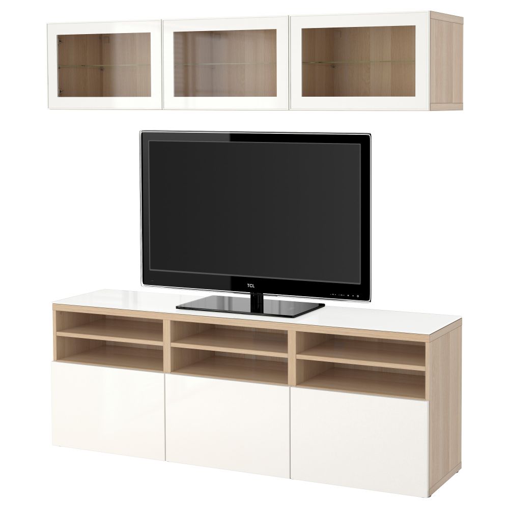 Шкаф для ТВ, комбинированный, стекляные дверцы БЕСТО, под беленый дуб под беленый дуб, Сельсвикен глянцевый/белый прозрачное - фото 1