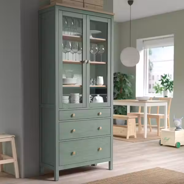 HEMNES Шкаф-витрина с 3 ящиками - серо-зеленый/светло-коричневая морилка 90x197 см - фото 3