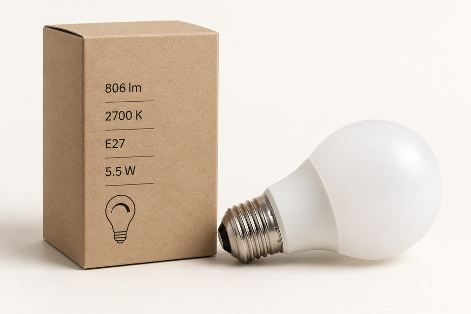 Коробка LED-лампы с маркировкой 806 лм, 2700 K, E27, 5.5 Вт и лампа рядом