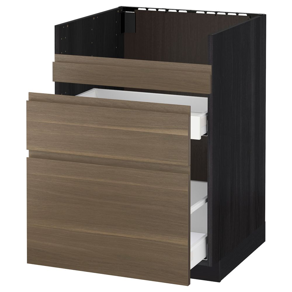Напольный шкаф для мойки ХАВСЕН/3фасада/2ящ, черный Максимера/Воксторп грецкий орех 60x60 см IKEA МЕТОД 292.804.39 - схема-чертеж с размерами