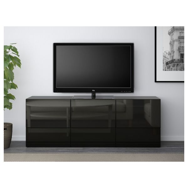 Тумба под ТВ, с дверцами и ящиками, 180x40x64 см, черно-коричневый, Selsviken глянцевый, черный дымчатое стекло IKEA BESTÅ БЕСТО - фото 3