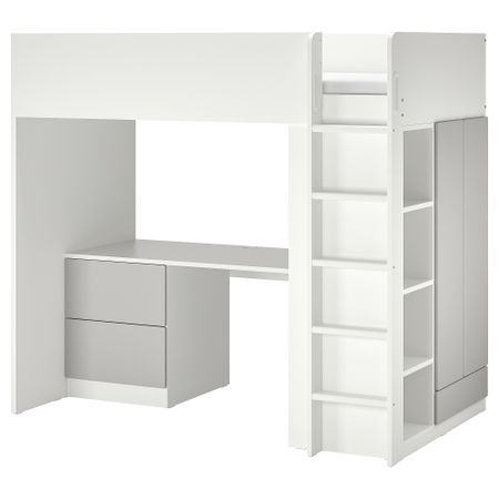 Кровать-чердак, белый серый с письменным столом с 3 ящиками, 90x200 см IKEA SMÅSTAD СМОСТАД 794.374.47
