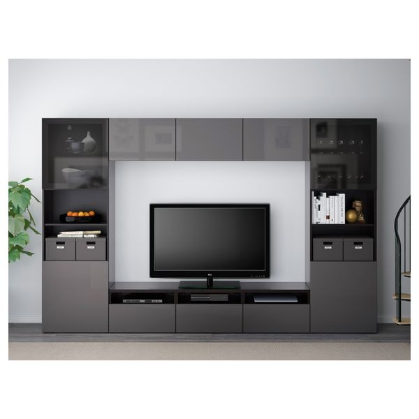 Шкаф для ТВ, комбинированный, стекляные дверцы БЕСТО, черно-коричневый, Сельсвикен глянцевый/серый дымчатое стекло (300x40x192 - фото 2