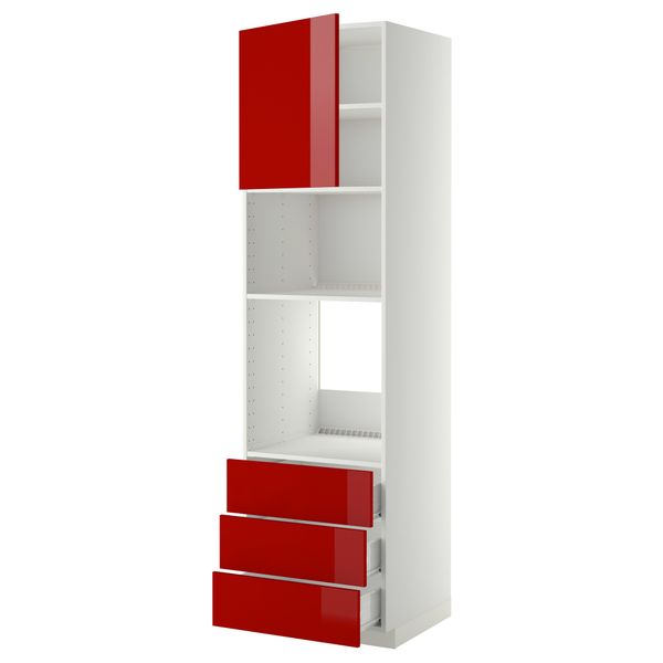 Высокий шкаф для духовки/СВЧ дверца, 3 ящика МЕТОД / ФОРВАРА, белый, Рингульт красный - схема-чертеж с размерами