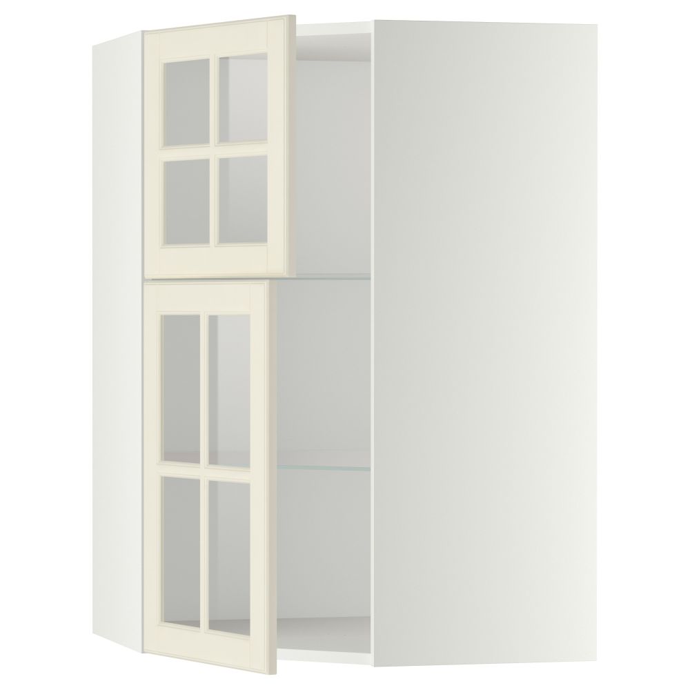 Угловой навесной шкаф + полки, 2 стеклянные дверцы МЕТОД, белый, Будбин белый с оттенком (68x100 см) - схема-чертеж с размерами