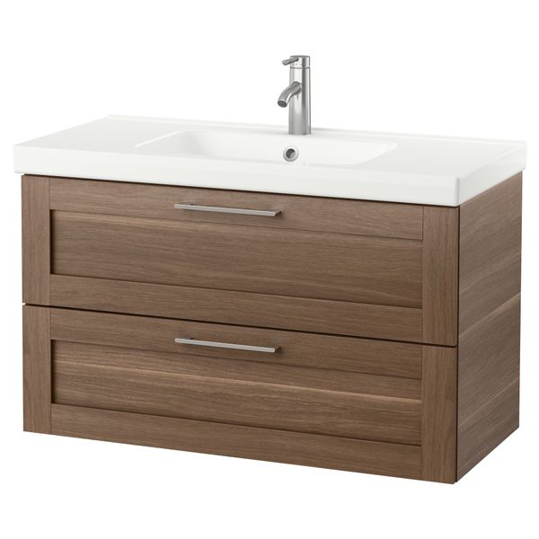 Шкаф для раковины с 2 ящиками ГОДМОРГОН / ОДЕНСВИК, под грецкий орех (103x49x64 см) - фото 4